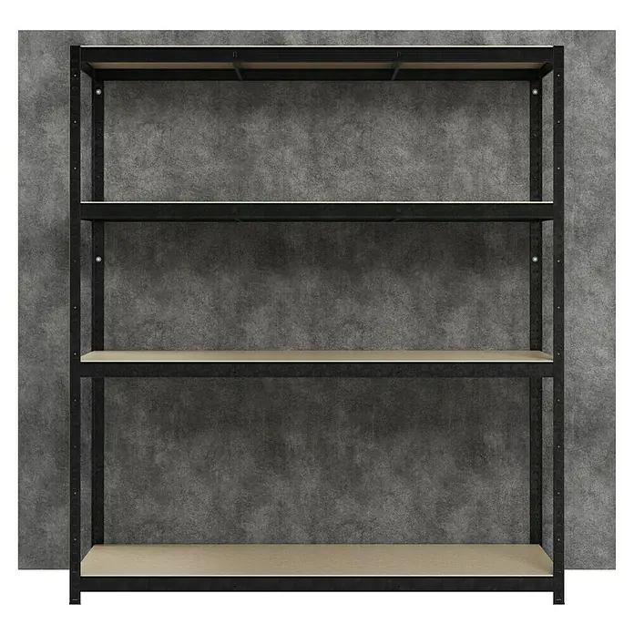 Regalux Schwerlastregal R250 - H x B x T: 180 x 160 x 60 cm, Traglast pro Boden: 250 kg, Anzahl Böden: 4 Stk., Stecken, Grau - Regal mit vier Regalböden aus Holz und einem stabilen schwarzen Metallrahmen, ideal für Garage oder Lager.