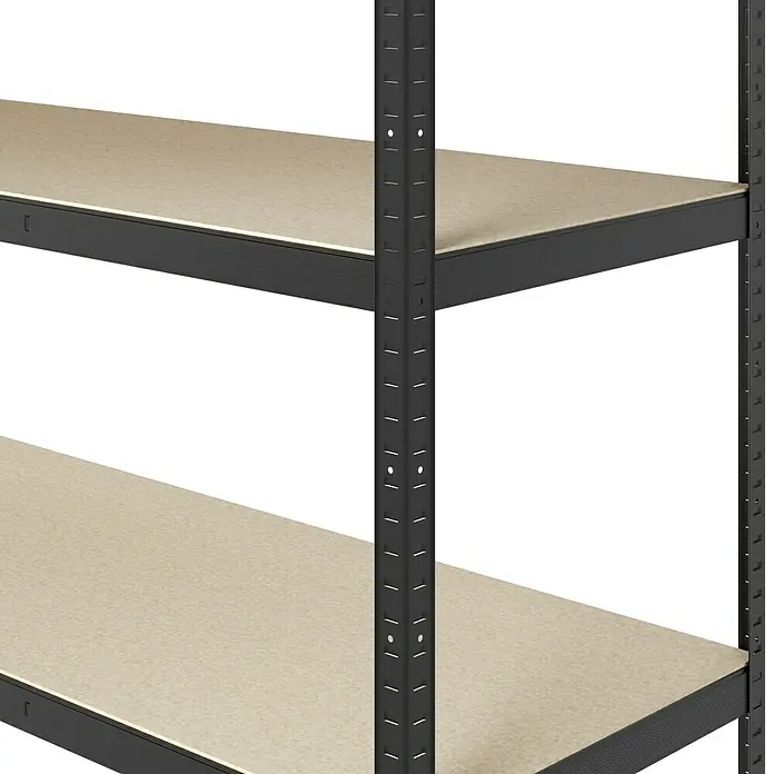 Regalux Schwerlastregal R250 - H x B x T: 180 x 160 x 60 cm, Traglast pro Boden: 250 kg, Anzahl Böden: 4 Stk., Stecken, Grau - Nahaufnahme eines schwarzen Metallregals mit hellbraunen Holzregalböden, das Stabilität und Ordnung verspricht.