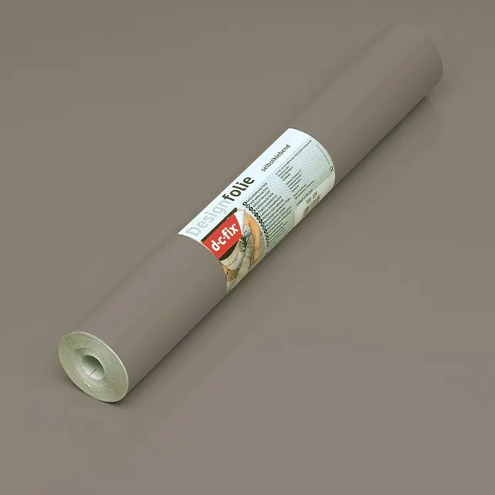 D-c-fix Klebefolie Uni Lack - 200 x 45 cm, Taupe, Selbstklebend - Nahaufnahme einer Rolle d-c-fix Designfolie in einem neutralen Grauton, ideal für DIY-Projekte und zur individuellen Gestaltung von Möbeln und Oberflächen.