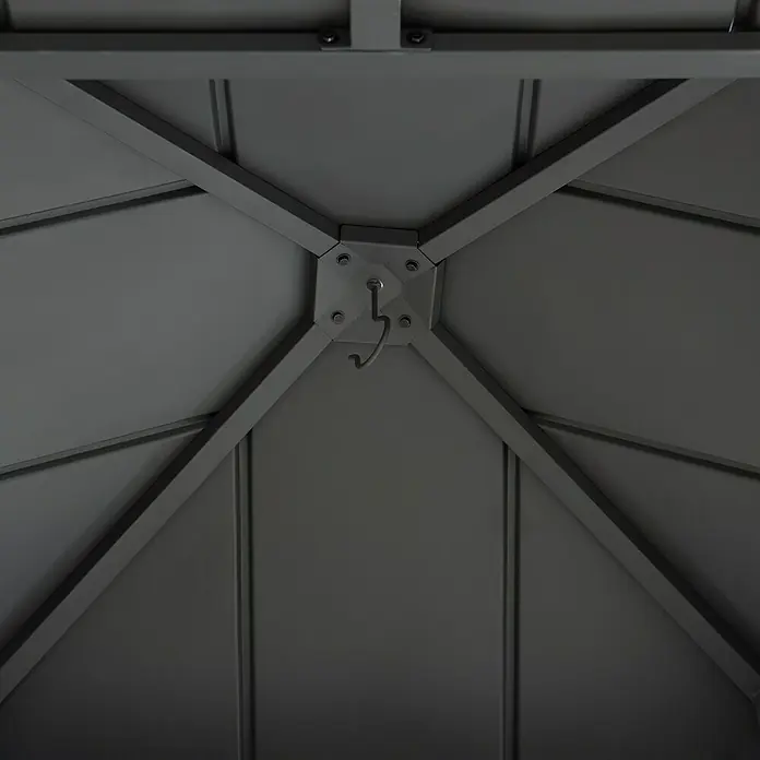 Sunjoy Pavillon Pasu - L x B: 300 x 300 cm, Farbe Dach: Anthrazit - Detailaufnahme vom Inneren eines Pavillons, die Metallkonstruktion mit Haken in der Mitte zeigt die Stabilität und Funktionalität.