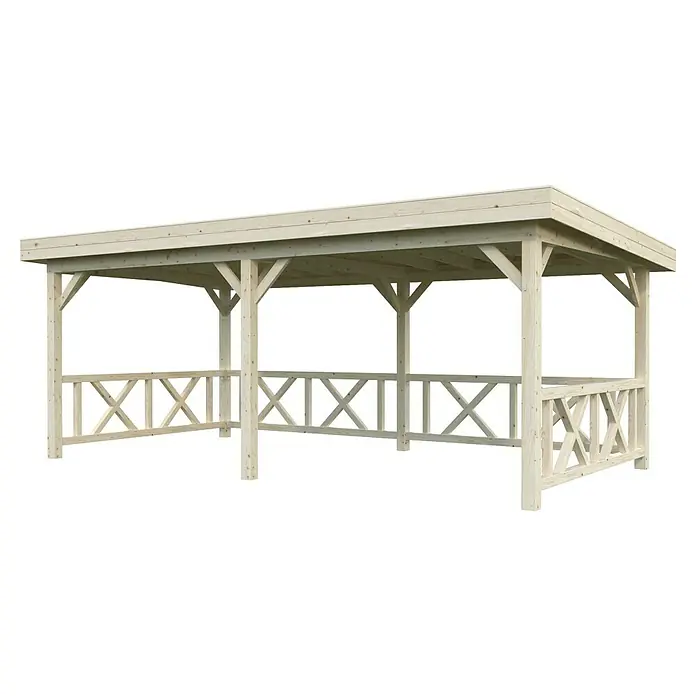 Palmako Pérgola estándar Lenna Set 307 - L x An: 628 x 340 cm, Madera, Natural - Pabellón de madera clara con barandilla. El pabellón ofrece protección y un ambiente acogedor al aire libre.