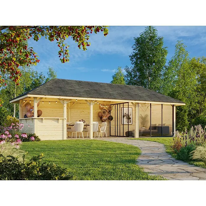 Palmako Caseta de jardín Bianca Set 515 Slide Plus - Medidas ext. (An x Pr): 960 x 384 cm, Madera, Natural - Pabellón acogedor con decoración elegante, perfecto para fiestas en el jardín y relajación al aire libre. El diseño de madera se integra perfectamente en el entorno verde.