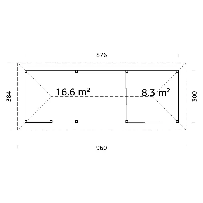 Palmako Caseta de jardín Bianca Set 515 Slide Plus - Medidas ext. (An x Pr): 960 x 384 cm, Madera, Natural - Plano de casa con medidas y cálculos de área, ideal para la planificación y visualización de la distribución espacial.