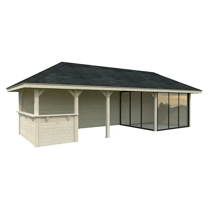 Palmako Caseta de jardín Bianca Set 515 Slide Plus - Medidas ext. (An x Pr): 960 x 384 cm, Madera, Natural - Una caseta de jardín de madera clara con techo negro y paredes laterales acristaladas. La caseta de jardín ofrece una zona exterior acogedora y protegida.