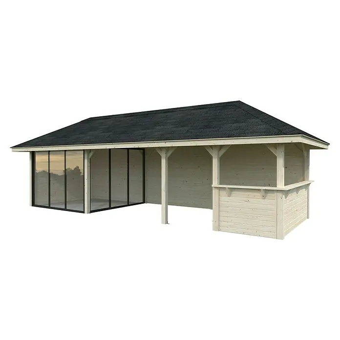 Palmako Caseta de jardín Bianca Set 515 Slide Plus - Medidas ext. (An x Pr): 960 x 384 cm, Madera, Natural - Una caseta de jardín de madera clara con techo oscuro y paredes de vidrio ofrece protección y una adición elegante a cualquier espacio al aire libre.