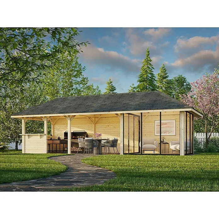 Palmako Caseta de jardín Bianca Set 216 Slide - Medidas ext. (An x Pr): 672 x 672 cm, Madera, Natural - Cenador de madera con zona de barbacoa y galería de cristal en el jardín. El cenador cuenta con una elegante cocina exterior y una cómoda zona de estar.