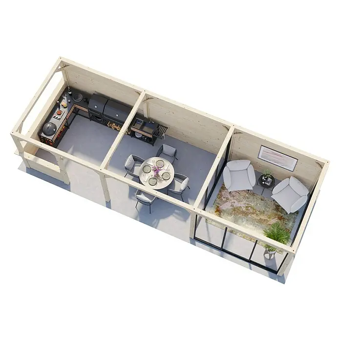 Palmako Caseta de jardín Lenna Set 716 Slide Plus - Medidas ext. (An x Pr): 916 x 340 cm, Madera, Natural - Esta vista aérea presenta una cocina exterior moderna con una parrilla, mesa de comedor y zona de estar acogedora.