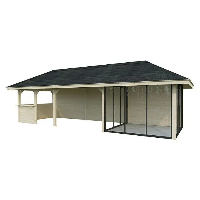 Palmako Caseta de jardín Bianca Set 216 Slide - Medidas ext. (An x Pr): 672 x 672 cm, Madera, Natural - Casa de jardín de madera con porche cerrado y zona de bar abierta, ideal para espacios exteriores. La robusta madera ofrece refugio y confort.
