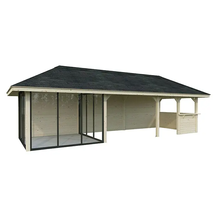 Palmako Caseta de jardín Bianca Set 216 Slide - Medidas ext. (An x Pr): 672 x 672 cm, Madera, Natural - Una glorieta de jardín de madera con techo inclinado y un lado abierto con una barra, perfecta para el entretenimiento al aire libre.