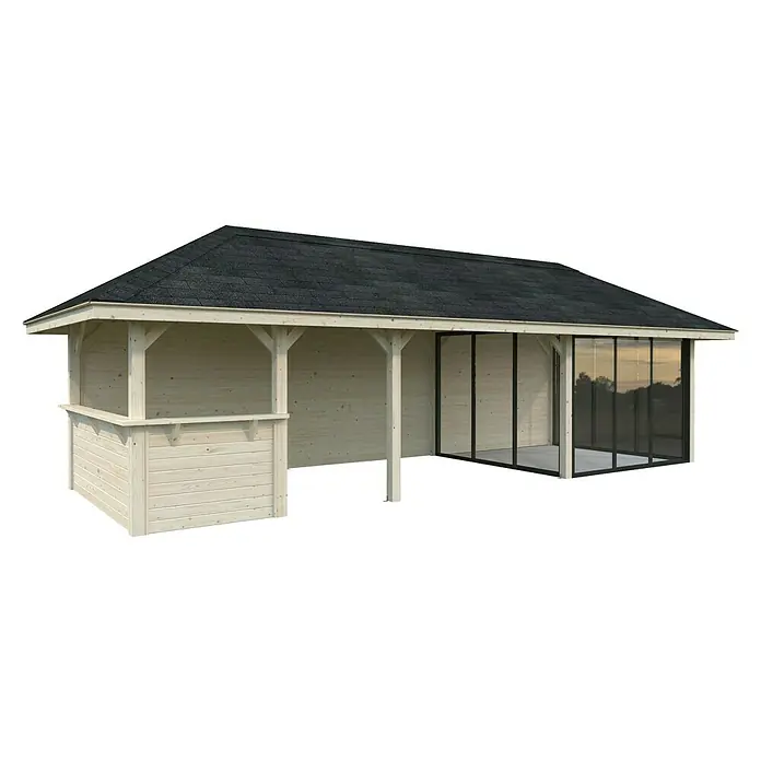 Palmako Caseta de jardín Bianca Set 216 Slide - Medidas ext. (An x Pr): 672 x 672 cm, Madera, Natural - Imagen de una glorieta de jardín con techo oscuro, laterales de madera clara y ventanas que ofrecen vista al exterior.