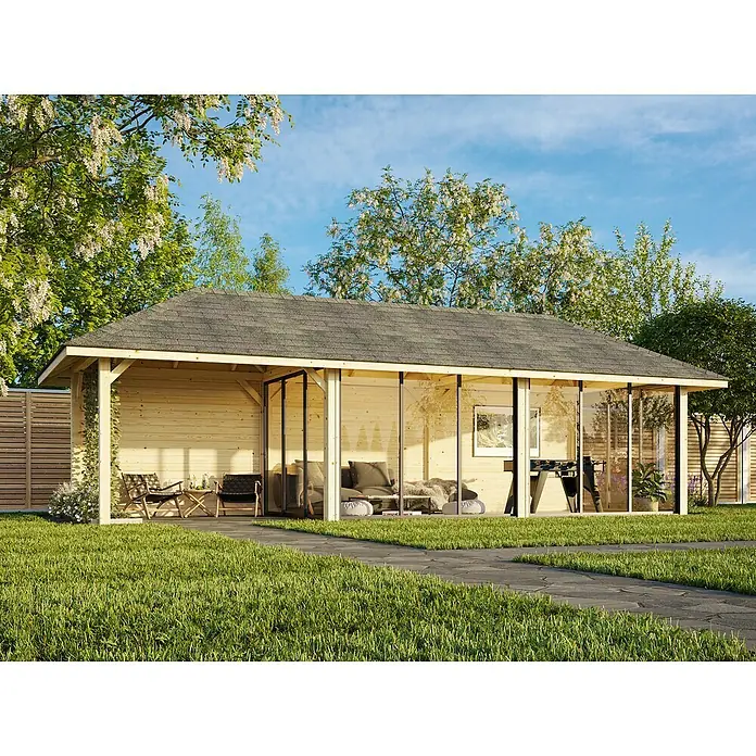 Palmako Caseta de jardín Bianca Set 518 Slide Plus - Medidas ext. (An x Pr): 960 x 384 cm, Madera, Natural - Una pérgola de madera clara con frentes de vidrio y un techo gris en un entorno de jardín verde. Ideal para relajarse al aire libre.