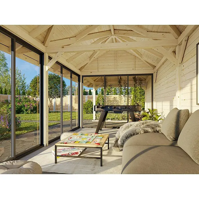 Palmako Caseta de jardín Bianca Set 518 Slide Plus - Medidas ext. (An x Pr): 960 x 384 cm, Madera, Natural - Cabaña acogedora con futbolín y mesa de juego, ideal para relajarse al aire libre.