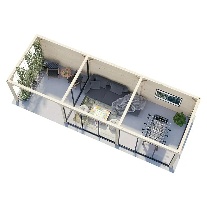 Palmako Caseta de jardín Bianca Set 518 Slide Plus - Medidas ext. (An x Pr): 960 x 384 cm, Madera, Natural - Sauna de jardín moderna con fachada de cristal y tres zonas: terraza, salón y sala de juegos.