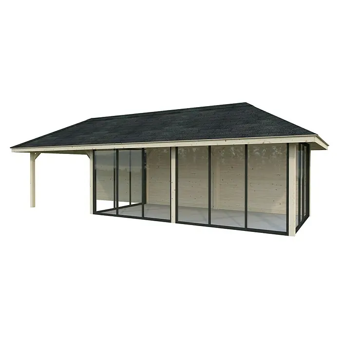 Palmako Caseta de jardín Bianca Set 518 Slide Plus - Medidas ext. (An x Pr): 960 x 384 cm, Madera, Natural - Imagen de una cabaña de madera con una gran fachada de cristal y un techo oscuro, que ofrece un acogedor espacio exterior.