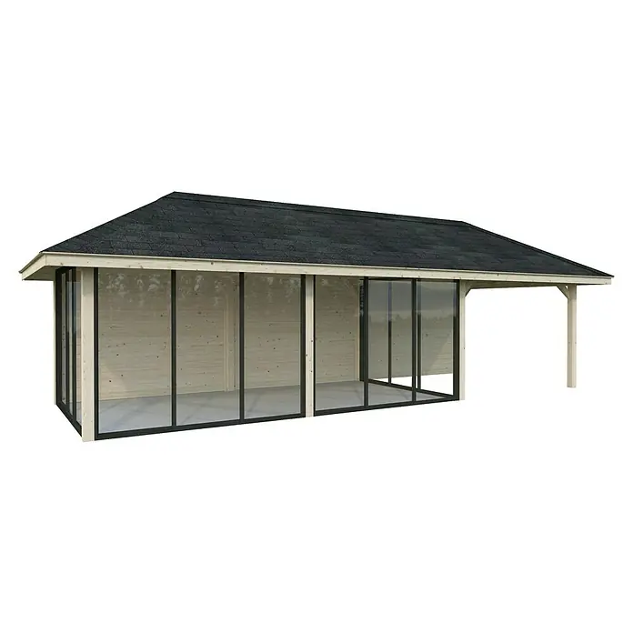 Palmako Caseta de jardín Bianca Set 518 Slide Plus - Medidas ext. (An x Pr): 960 x 384 cm, Madera, Natural - Vista de una caseta de jardín moderna con techo oscuro, marco de madera y grandes ventanales, que ofrece mucha luz natural.