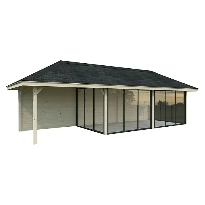 Palmako Caseta de jardín Bianca Set 518 Slide Plus - Medidas ext. (An x Pr): 960 x 384 cm, Madera, Natural - Una hermosa caseta de jardín con paneles de madera y grandes ventanales, que ofrece una gran vista de la vegetación. Perfecto para horas acogedoras al aire libre.