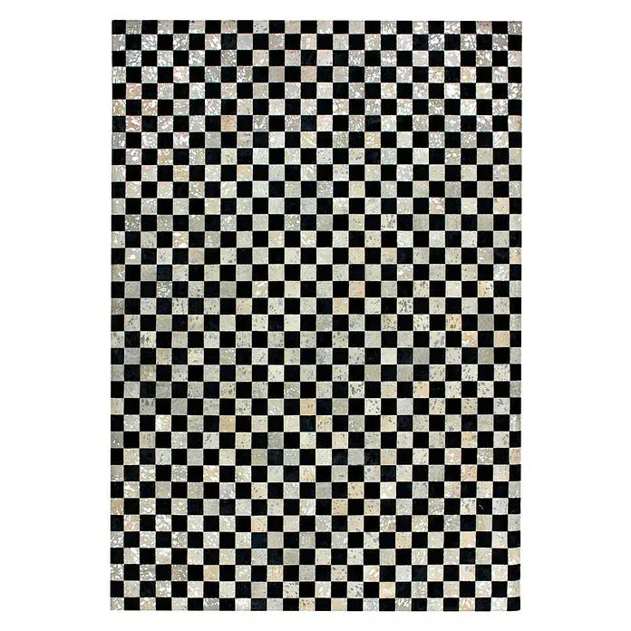 Kayoom Lederteppich Rocket - Anthrazit/Silber, 150 x 80 cm, 100 % Leder - Schachbrettmuster-Teppich mit abwechselnden schwarzen und hellen Quadraten, ideal für moderne Wohnräume und zur Aufwertung des Fußbodens.