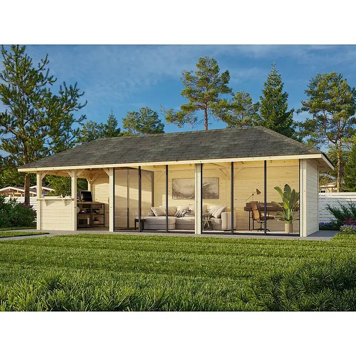 Palmako Caseta de jardín Bianca Set 219 Slide - Medidas ext. (An x Pr): 672 x 672 cm, Madera, Natural - La imagen muestra una caseta de jardín moderna con zona de barbacoa, fachada de vidrio y un interior confortable. Ideal para relajarse al aire libre.