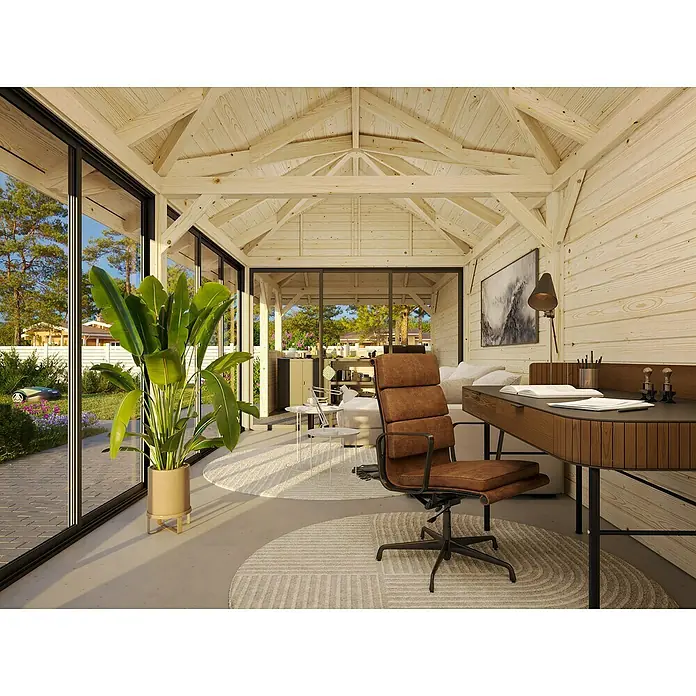 Palmako Caseta de jardín Bianca Set 219 Slide - Medidas ext. (An x Pr): 672 x 672 cm, Madera, Natural - Acogedora oficina en casa con una silla de oficina marrón y escritorio, con mucha luz en una habitación con paneles de madera.