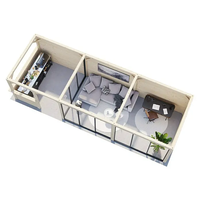 Palmako Caseta de jardín Lenna Set 719 Slide Plus - Medidas ext. (An x Pr): 916 x 340 cm, Madera, Natural - Vista superior de una moderna cabaña de madera con cocina, sala de estar y área de trabajo, que muestra un diseño elegante y funcional.