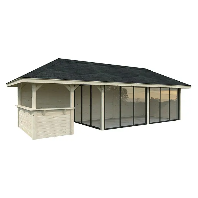 Palmako Caseta de jardín Bianca Set 219 Slide - Medidas ext. (An x Pr): 672 x 672 cm, Madera, Natural - Esta imagen muestra una caseta de jardín con tejas negras y una extensión con un bar. La casa de madera está pintada en colores claros.