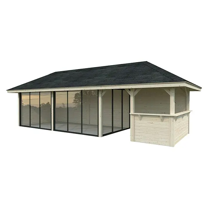 Palmako Caseta de jardín Bianca Set 219 Slide - Medidas ext. (An x Pr): 672 x 672 cm, Madera, Natural - Una elegante casa de verano con frente de vidrio y área de bar integrada. La estructura ofrece un lugar elegante para la relajación al aire libre.