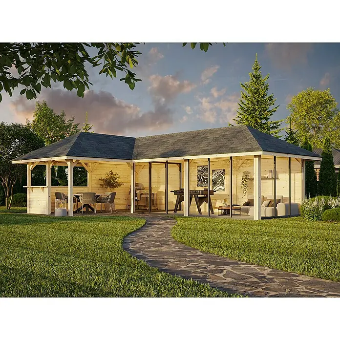 Palmako Caseta de jardín Bianca Set 521 Slide Plus - Medidas ext. (An x Pr): 960 x 672 cm, Madera, Natural - Vista de una glorieta con parrilla, futbolín y zona de estar en un césped cuidado con camino de piedra.