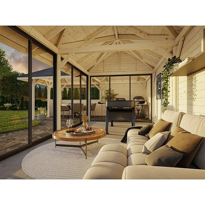 Palmako Caseta de jardín Bianca Set 521 Slide Plus - Medidas ext. (An x Pr): 960 x 672 cm, Madera, Natural - Cenador acogedor con sofá, mesa y parrilla. Relájese en su propio jardín con un ambiente elegante y una comodidad acogedora.