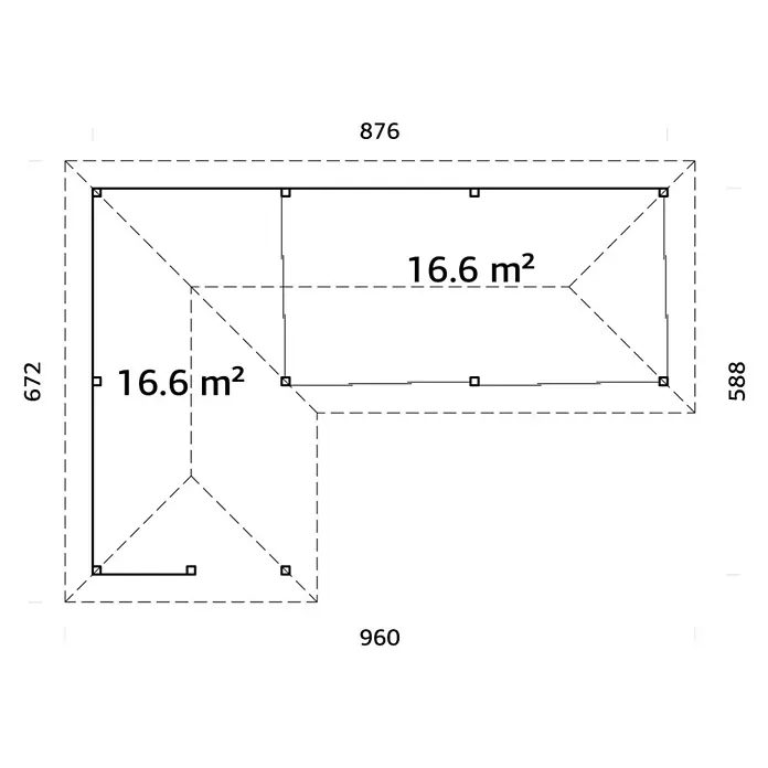 Palmako Caseta de jardín Bianca Set 521 Slide Plus - Medidas ext. (An x Pr): 960 x 672 cm, Madera, Natural - Plano de planta de un edificio en forma de L con indicaciones de área y dimensiones externas, ideal para la construcción y el diseño.