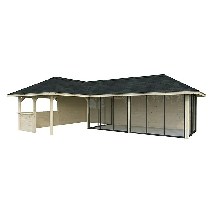 Palmako Caseta de jardín Bianca Set 521 Slide Plus - Medidas ext. (An x Pr): 960 x 672 cm, Madera, Natural - Esta imagen muestra una pérgola de esquina de madera clara con un techo oscuro, que ofrece un espacio exterior acogedor y protegido.