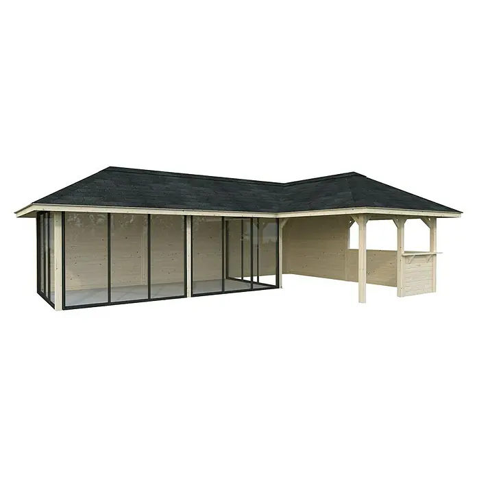 Palmako Caseta de jardín Bianca Set 521 Slide Plus - Medidas ext. (An x Pr): 960 x 672 cm, Madera, Natural - Una caseta de jardín de madera clara con techo oscuro y paredes de vidrio, ideal para una relajación elegante al aire libre, ofreciendo protección.
