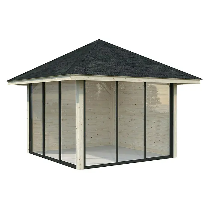 Palmako Caseta de jardín Bianca Set 201 Slide - Medidas ext. (An x Pr): 384 x 300 cm, Madera, Natural - Imagen de un pabellón de jardín con paneles de madera, techo negro y grandes ventanales. Ideal para relajarse al aire libre.