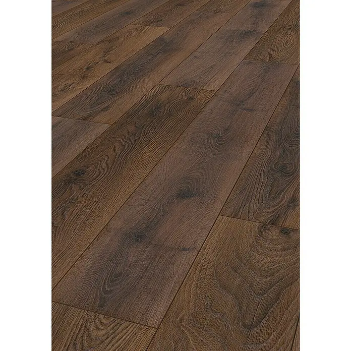 LOGOCLIC Aquaprotect Smart Silent Laminat - Braun, Landhausdiele, 1.288 x 195 x 7 mm - Nahaufnahme eines Laminatbodens in dunkler Holzoptik, der Wärme und Eleganz ausstrahlt. Die Maserung betont die realistische Darstellung des Bodenbelags.