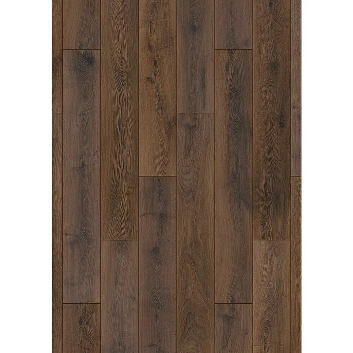 LOGOCLIC Aquaprotect Smart Silent Laminat - Braun, Landhausdiele, 1.288 x 195 x 7 mm - Nahaufnahme von dunklem Laminatboden in Holzoptik, der eine warme und natürliche Atmosphäre schafft.