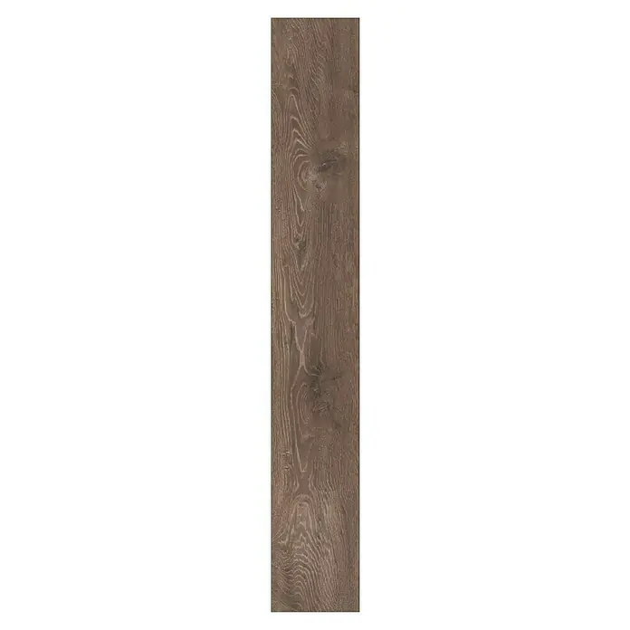 LOGOCLIC Aquaprotect Laminat - Night Oak, Landhausdiele, 1.288 x 195 x 8 mm - Detailaufnahme einer langen, schmalen Diele mit einer Maserung, die ein natürliches, rustikales Aussehen verleiht.