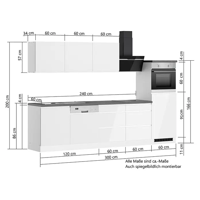 Held Möbel Küchenzeile Treviso Typ 1 - Breite: 300 cm, Weiß, Dekor Arbeitsplatte: Holzoptik, Cerankochfeld, Mit Elektrogeräten - Abbildung einer modernen weißen Küche mit Maßen und Details zur Küchenplanung.