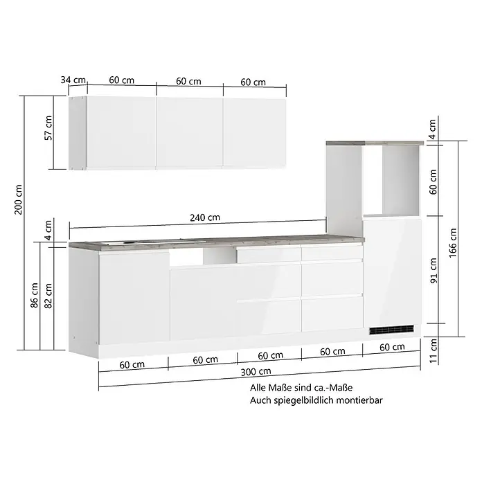 Held Möbel Küchenleerblock Treviso Typ 2 - Breite: 300 cm, Weiß, Farbe Arbeitsplatte: Wotaneiche, Ohne Elektrogeräte - Bild einer weißen Küche mit Maßen, die die Anordnung und Größe von Schränken und Arbeitsplatten zeigen.