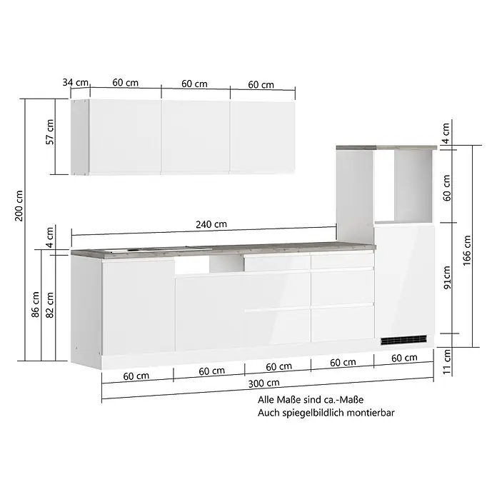 Held Möbel Küchenleerblock Treviso Typ 1 - Breite: 300 cm, Weiß, Dekor Arbeitsplatte: Betonoptik, Ohne Elektrogeräte, Für Side-by-Side Kühlschrank - Bild einer weißen Küchenzeile mit detaillierten Maßangaben zu Länge, Höhe und Tiefe der einzelnen Elemente.