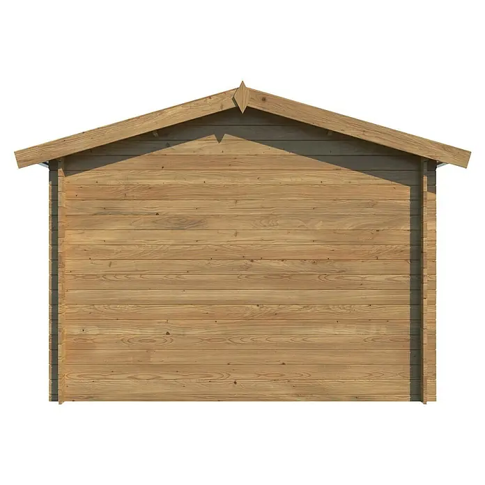 Palmako Gartenhaus - Außenmaß inkl. Dachüberstand (B x T): 332 x 233 cm, Holz, Natur - Detailansicht eines Holzgartenhauses mit Satteldach und rustikaler Holzfassade. Ideal für Gartenliebhaber mit Stauraumbedarf.