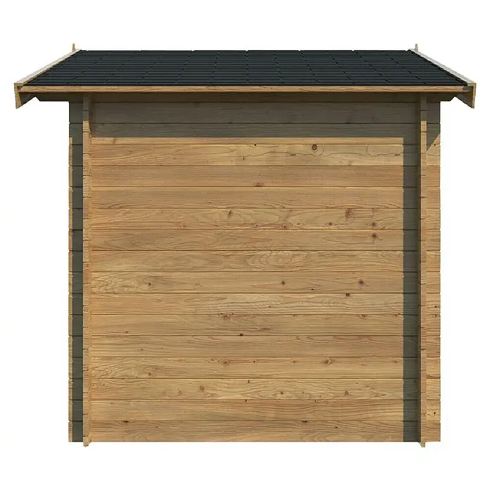 Palmako Gartenhaus - Außenmaß inkl. Dachüberstand (B x T): 332 x 233 cm, Holz, Natur - Detailansicht eines Holzgartenhauses mit schwarzem Dach, das die robuste Bauweise und das natürliche Material hervorhebt.