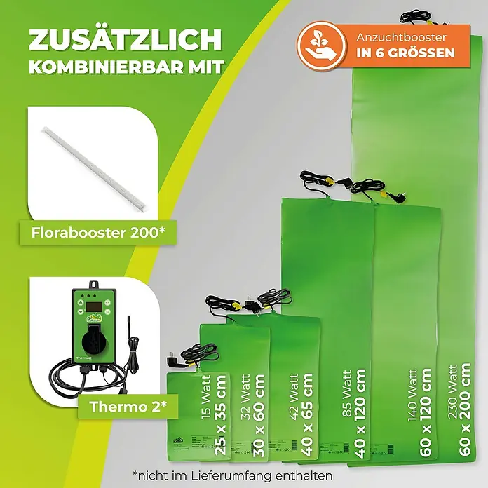 BioGreen Heizmatte - 40 x 65 cm - Das Bild zeigt eine Auswahl an Anzuchtboostern in verschiedenen Größen, von 15 Watt bis 230 Watt, sowie Zubehör wie Thermo 2 und Florabooster 200.