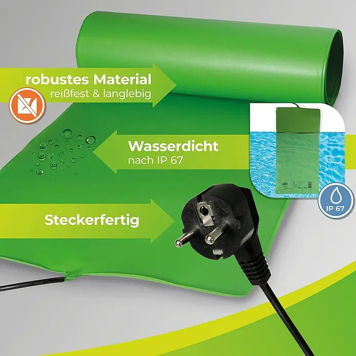 BioGreen Heizmatte - 40 x 65 cm - Produktbild einer grünen Heizmatte mit Stecker, die wasserdicht und robust ist, ideal für den Innenbereich.