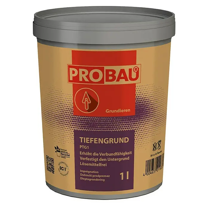 Probau eco Tiefengrund - 1 l - Produktabbildung: Ein Eimer Tiefengrundierung von Probau, PTG1, 1 Liter, lösemittelfrei, zur Verfestigung des Untergrunds und Erhöhung der Verbundfähigkeit.