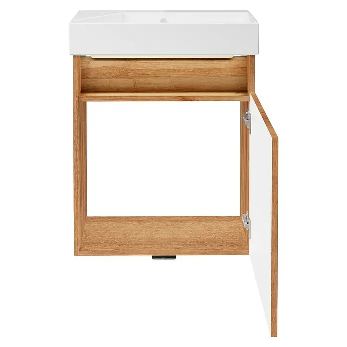 Camargue Pure Badmöbel-Set - Gesamtbreite Badmöbel: 55 cm, Berg Eiche, Matt - Ein offener Badezimmerschrank mit einem hellen Holzrahmen und einer weißen Tür, die auf der rechten Seite aufklappt.