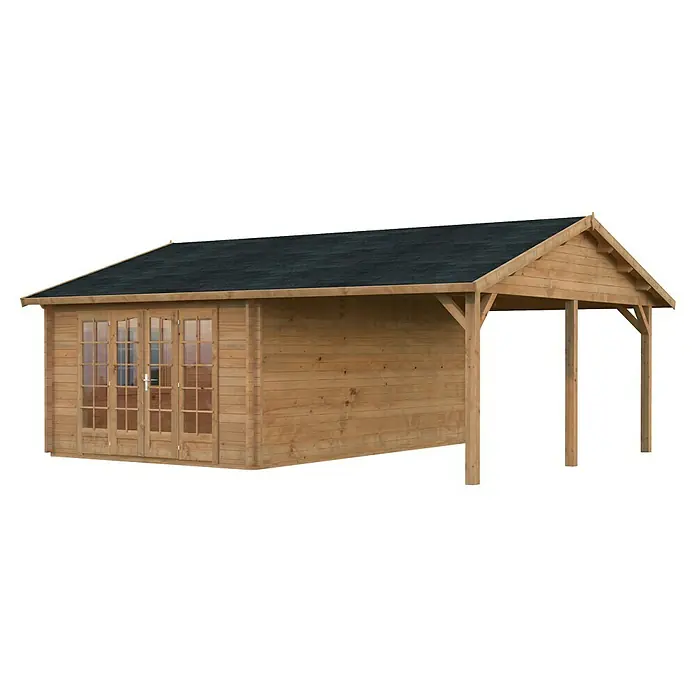 Palmako Gartenhaus Irene - Außenmaß inkl. Dachüberstand (B x T): 703 x 619 cm, Tauchgrundiertes Holz, Hellbraun - Ein geräumiges Gartenhaus mit dunklem Dach und offener Veranda bietet zusätzlichen Stauraum und Schutz vor den Elementen.