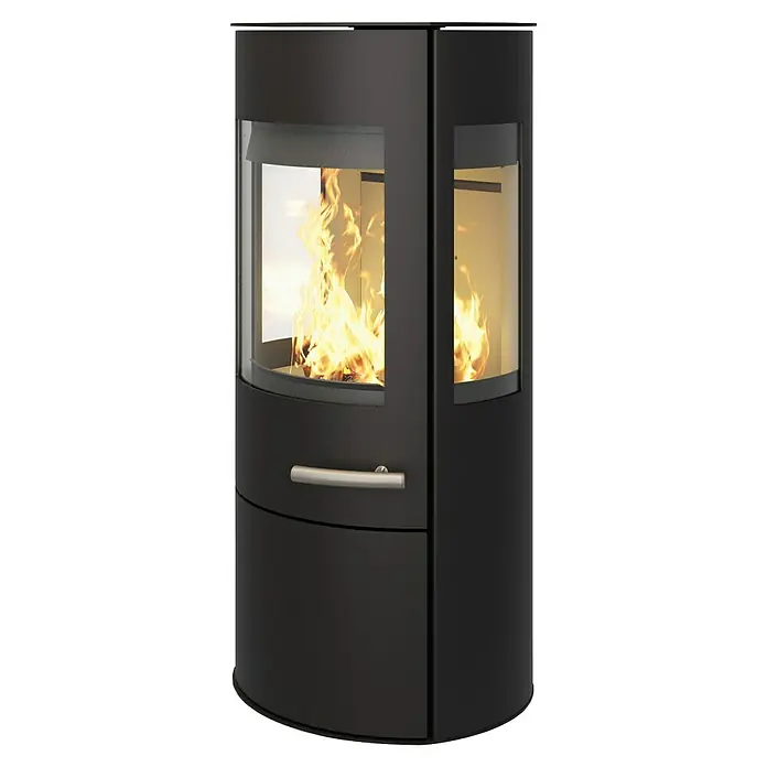Haas+Sohn Kaminofen Vitus - 6,4 kW, Raumheizvermögen: 60 m³ - 130 m³, Material Verkleidung: Stahl, Schwarz - Freistehender Kaminofen mit Glasfenstern, der ein warmes Flammenspiel zeigt. Modernes Design für gemütliche Wärme.