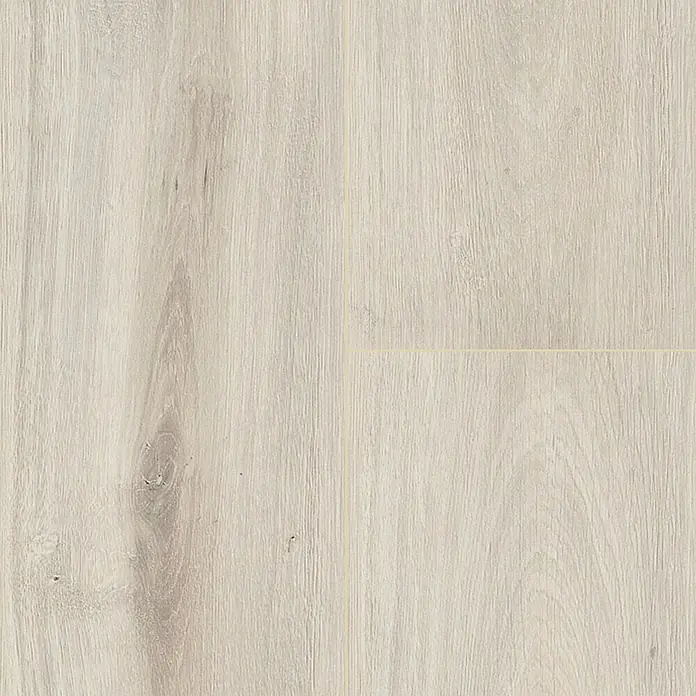 LOGOCLIC Aquaprotect Laminat - Beach Oak, Landhausdiele, 1.288 x 195 x 8 mm - Nahaufnahme von hellem Laminatboden mit Holzmaserung. Das Laminat zeigt eine realistische Holzoptik und eine glatte Oberfläche.