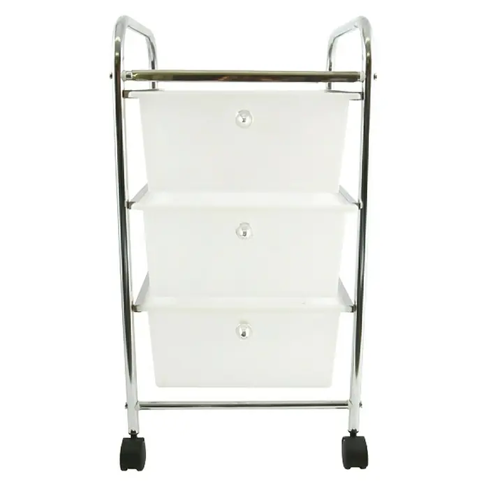 MSV Carro con ruedas - L x An x Al: 40 x 33 x 62,5 cm, Acero, Blanco/Cromado - Esta imagen muestra un práctico carro rodante con tres cajones blancos y un marco cromado, perfecto para almacenamiento y organización.
