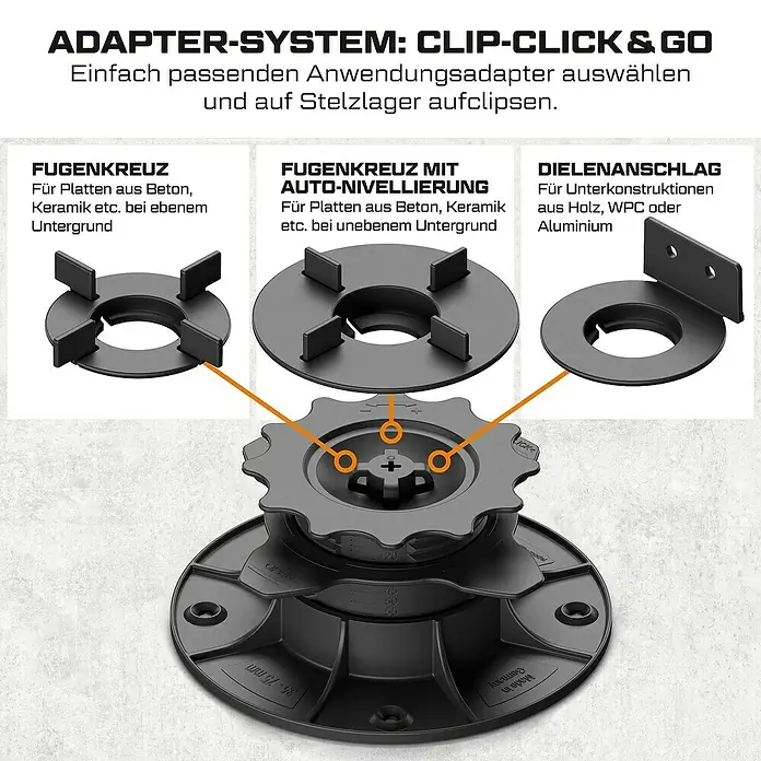 Langfit Stelzlager-Adapter Dielenanschlag - 10 Stk., Kunststoff - Das Bild zeigt ein Clip-Click&Go Adapter-System mit Fugenkreuzen und Dielenanschlag für Stelzlager, ideal für Platten und Unterkonstruktionen.