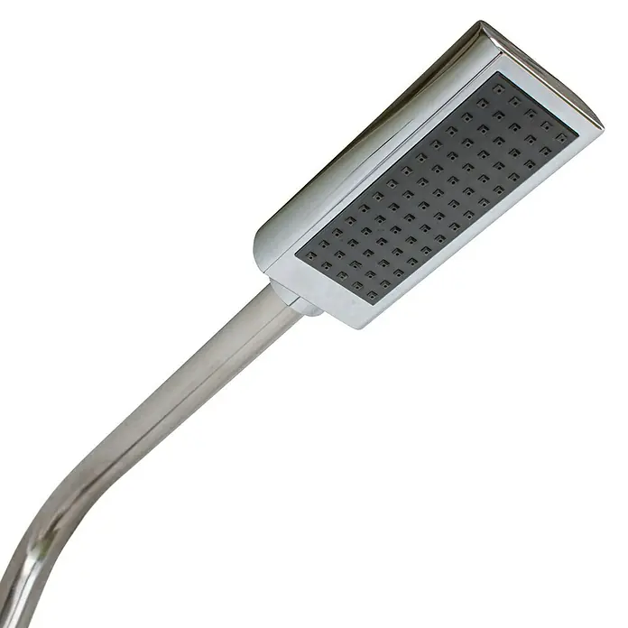 Gre Ducha de jardín Minimal - Altura: 216 cm, Acero inoxidable, Plateado - Primer plano de un moderno cabezal de ducha rectangular con brazo cromado y cara de ducha gris.